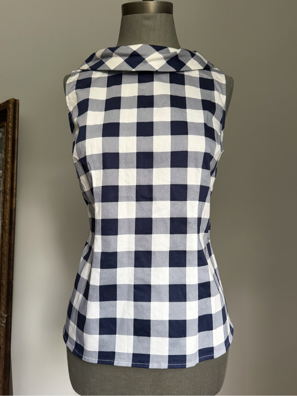 Talbots Audrey Shell Navy & White Gingham Sleeveless Collared Top Size Petite M